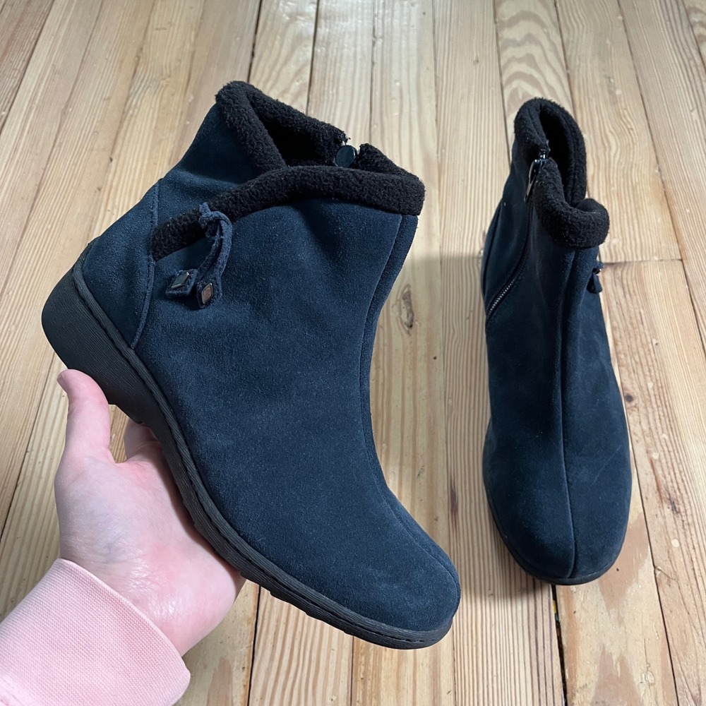 Sporto Ankle Boots Womens 8.5M Navy Blue Suede Faux Fur Trim Waterproof W7029